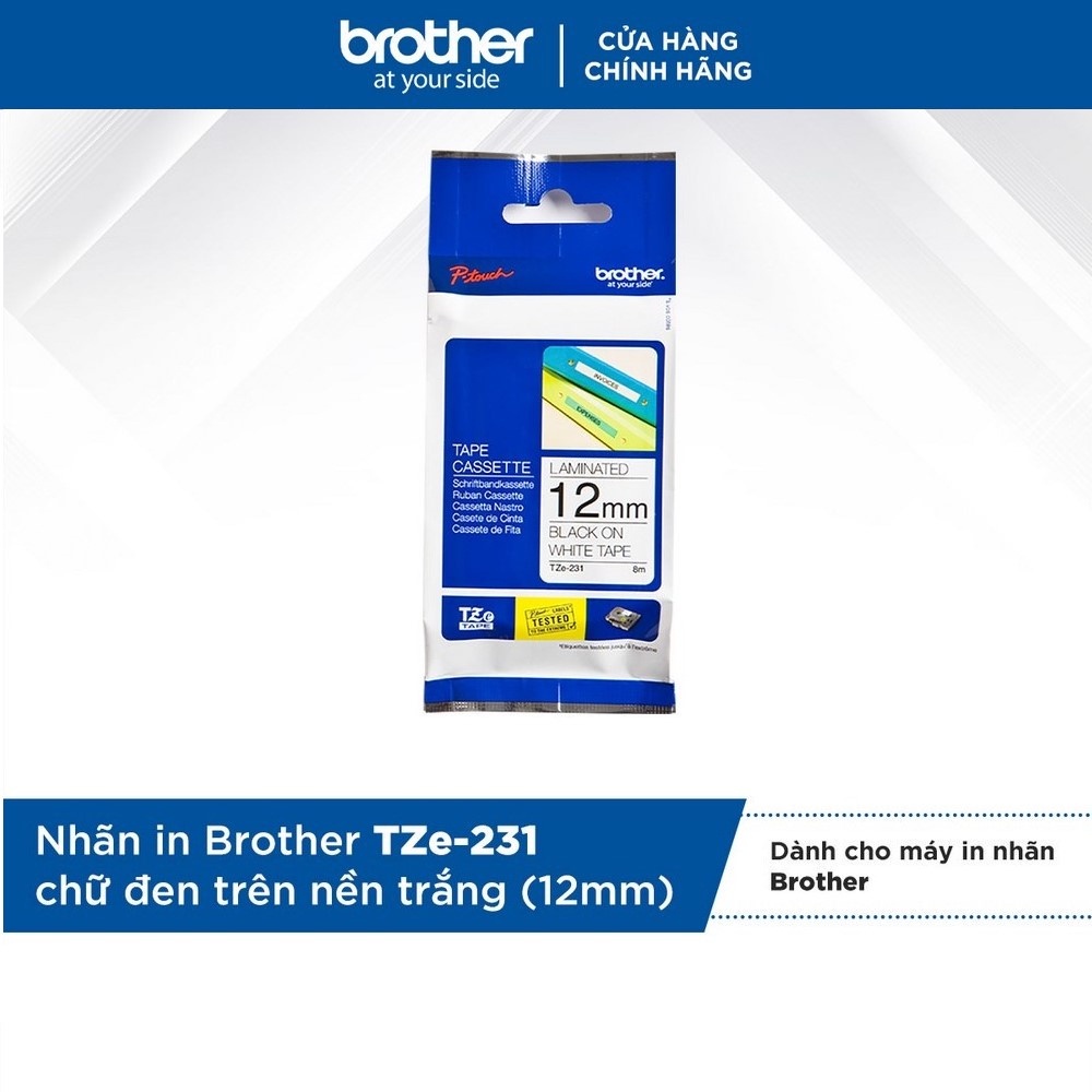 Nhãn in Brother TZe-231 chữ đen trên nền trắng (12mm)