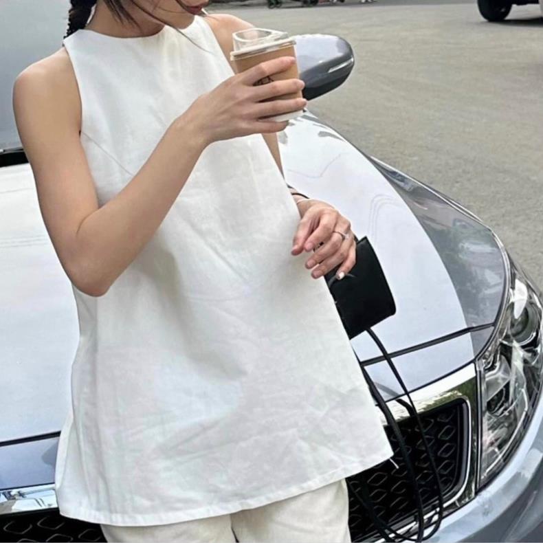 Áo sát nách nút bọc xoè quần suông dài