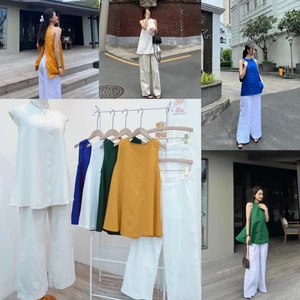 Áo sát nách nút bọc xoè quần suông dài