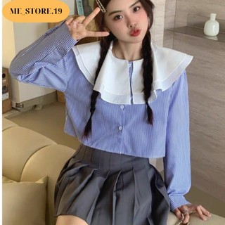 Áo sơ mi croptop kẻ sọc bèo lá cổ tiểu thư phong cách Hàn Quốc - me fashion