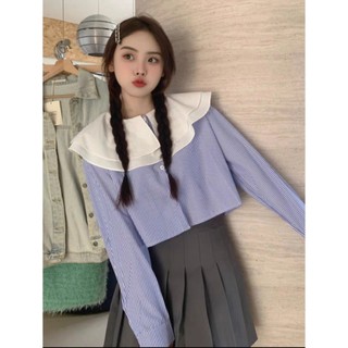 Áo sơ mi croptop kẻ sọc bèo lá cổ tiểu thư phong cách Hàn Quốc - me fashion