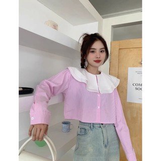 Áo sơ mi croptop kẻ sọc bèo lá cổ tiểu thư phong cách Hàn Quốc - me fashion