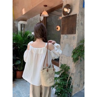Áo trễ vai kiểu babydoll tay dài cổ yếm hở vai buộc dây chất liệu đũi gân phong cách Hàn Quốc - me fashion