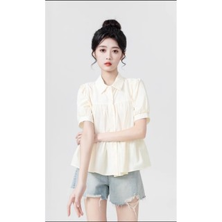 Áo sơ mi nữ ngắn tay babydoll 3 tầng cổ bẻ kiểu Hàn Quốc màu be - me fashion
