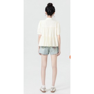 Áo sơ mi nữ ngắn tay babydoll 3 tầng cổ bẻ kiểu Hàn Quốc màu be - me fashion