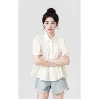 Áo sơ mi nữ ngắn tay babydoll 3 tầng cổ bẻ kiểu Hàn Quốc màu be - me fashion