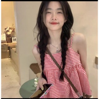 Áo hai dây caro đỏ babydoll dáng rộng phong cách Hàn Quốc - me fashion