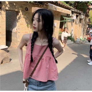 Áo hai dây caro đỏ babydoll dáng rộng phong cách Hàn Quốc - me fashion