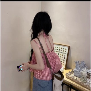 Áo hai dây caro đỏ babydoll dáng rộng phong cách Hàn Quốc - me fashion