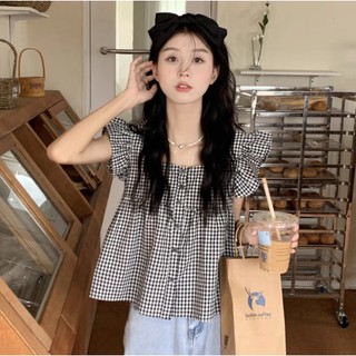 Áo kiểu babydoll dáng rộng tay cánh tiên cổ vuông hoạ tiết kẻ caro phong cách Hàn Quốc - me fashion