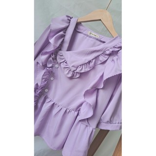 Áo sơ mi kiểu cổ lệch babydoll dáng rộng tiểu thư màu xanh tím phong cách Hàn Quốc -me fashion