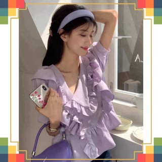 Áo sơ mi kiểu cổ lệch babydoll dáng rộng tiểu thư màu xanh tím phong cách Hàn Quốc -me fashion