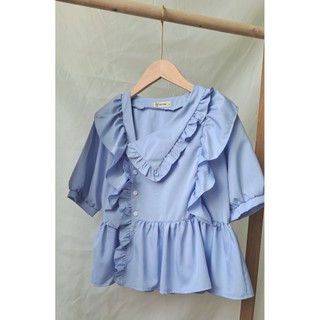 Áo sơ mi kiểu cổ lệch babydoll dáng rộng tiểu thư màu xanh tím phong cách Hàn Quốc -me fashion