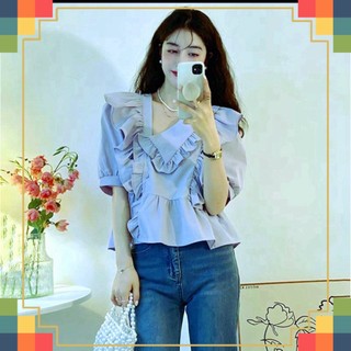 Áo sơ mi kiểu cổ lệch babydoll dáng rộng tiểu thư màu xanh tím phong cách Hàn Quốc -me fashion