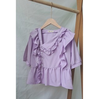 Áo sơ mi kiểu cổ lệch babydoll dáng rộng tiểu thư màu xanh tím phong cách Hàn Quốc -me fashion