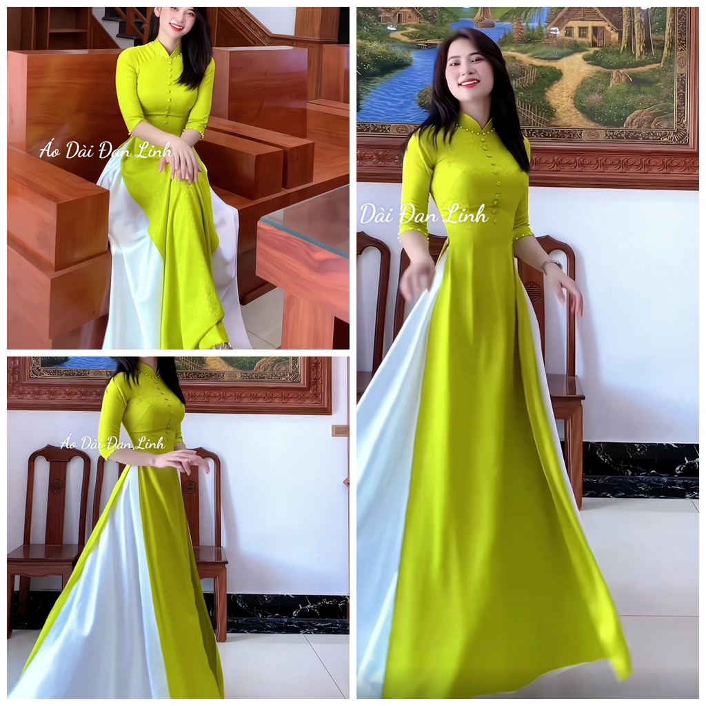 Áo dài lụa màu xanh cốm đính cúc trẻ trung - Danchimont