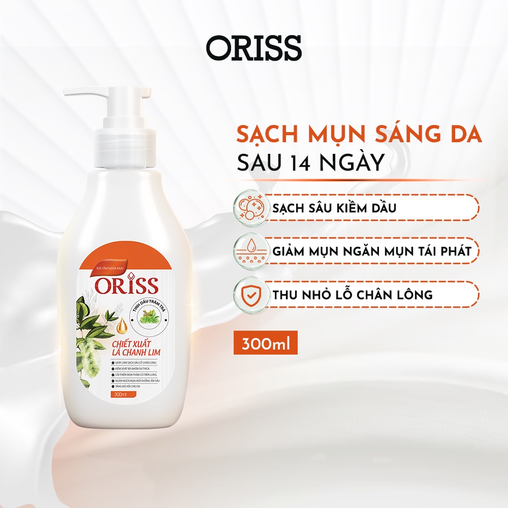 Sữa tắm giảm mụn lưng Oriss chiết xuất tràm trà và lá chanh lim sạch sâu làm sáng da 300ml