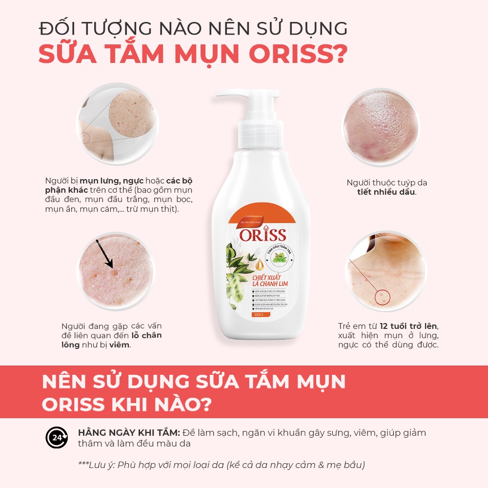 Sữa tắm giảm mụn lưng Oriss chiết xuất tràm trà và lá chanh lim sạch sâu làm sáng da 300ml