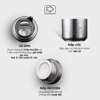 Bình giữ nhiệt cao cấp 24h Fan House bình nước nắp tách thành cốc toàn bộ bằng inox 304 có dây xách