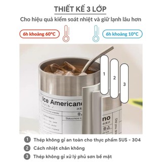 Ly giữ nhiệt Iced Americano 350 & 600ml cốc giữ nhiệt inox khắc tên, Fan House ống hút inox