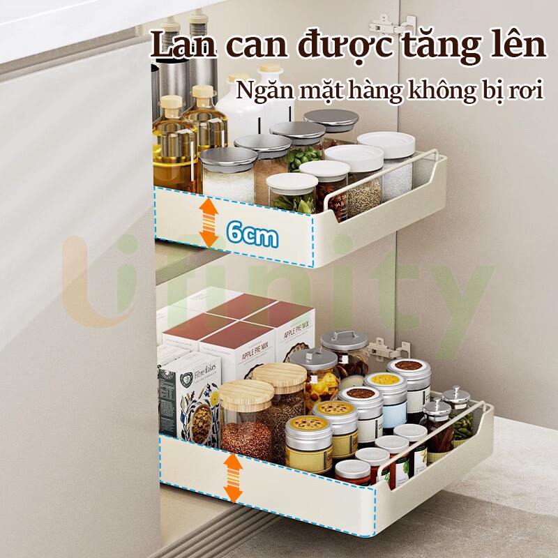 Lifinity Kệ Để Đồ Tủ Bếp Đa Năng INOX, Kệ Bát Đĩa,  Kệ đựng Gia vị, Sơn Tĩnh Điện Trắng, Có Ray Trượt