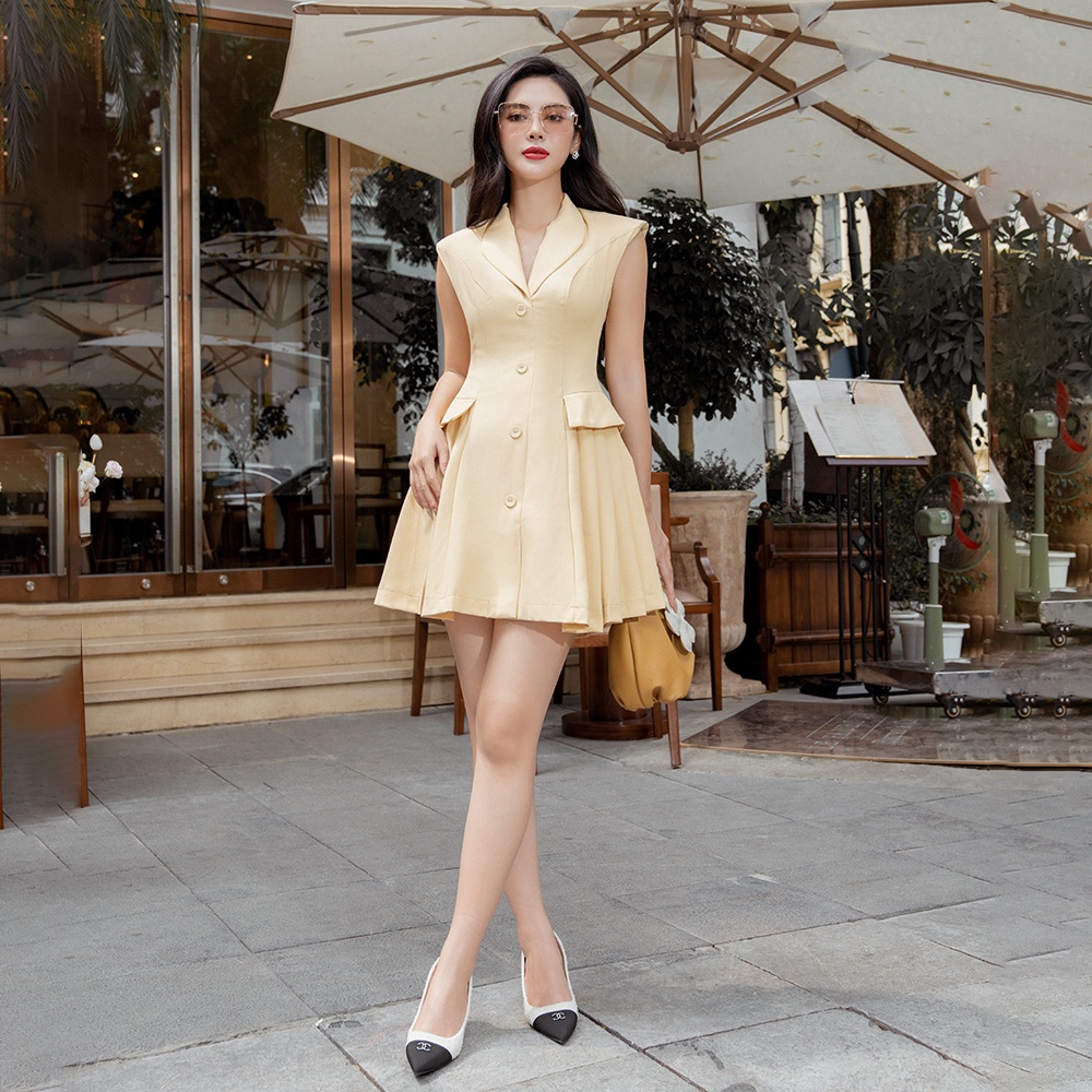 RECHIC Đầm nữ xòe Lichy cổ V tay ngắn công sở thanh lịch