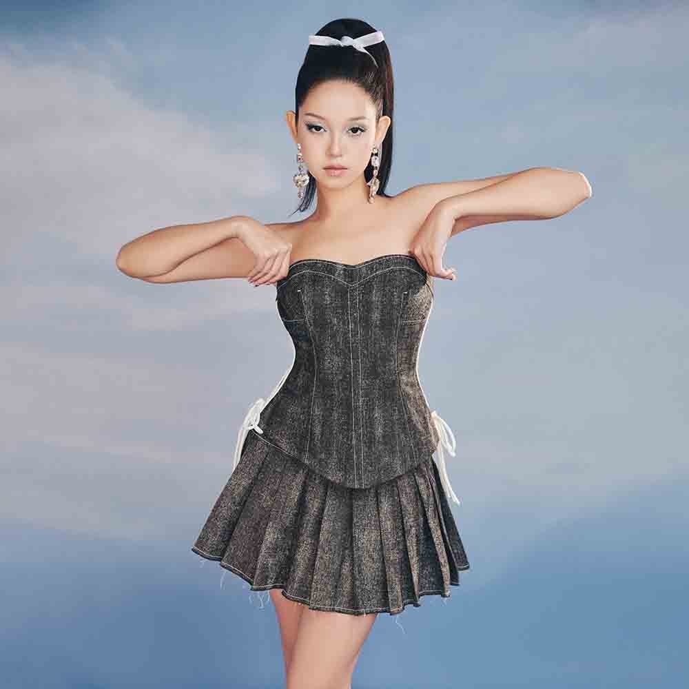 RECHIC Set Dadas jean áo cúp ngực phối chân váy tennis cơ bản sang trọng cá tính