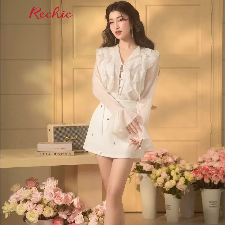 RECHIC Chân Váy Karie dáng chữ A chiết eo đính hạt họa tiết chiếc lá sang trọng