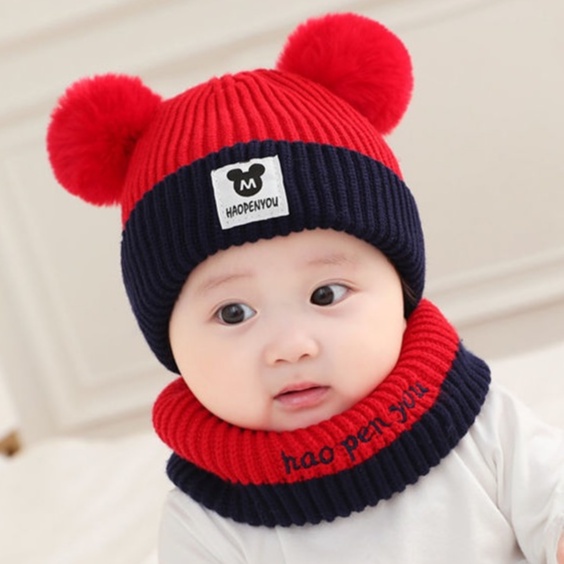 Mũ len lót nỉ kèm khăn ống chữ M gắn 2 quả bông, mũ len cho bé mesocshop