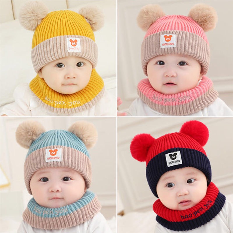 Mũ len lót nỉ kèm khăn ống chữ M gắn 2 quả bông, mũ len cho bé mesocshop