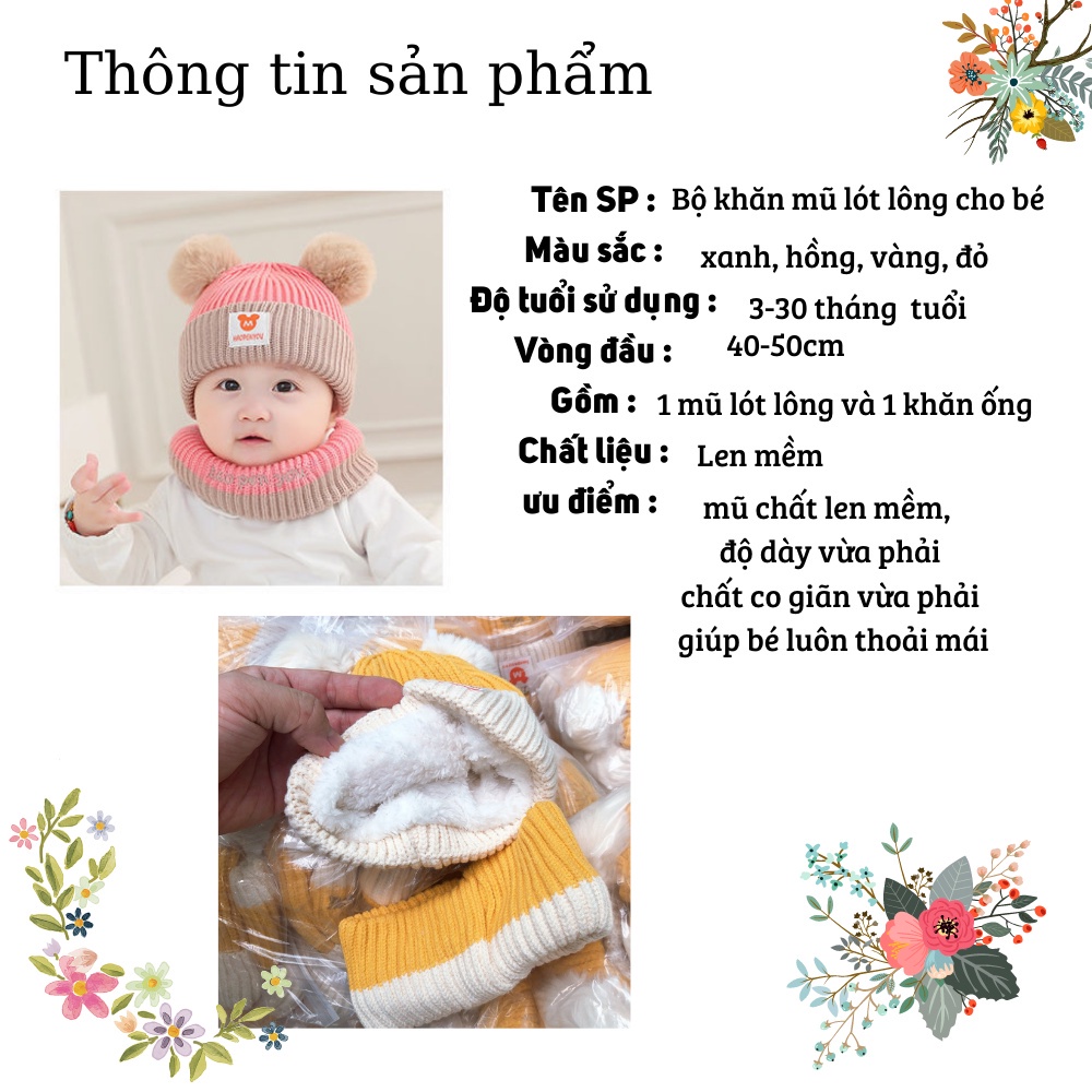 Mũ len lót nỉ kèm khăn ống chữ M gắn 2 quả bông, mũ len cho bé mesocshop