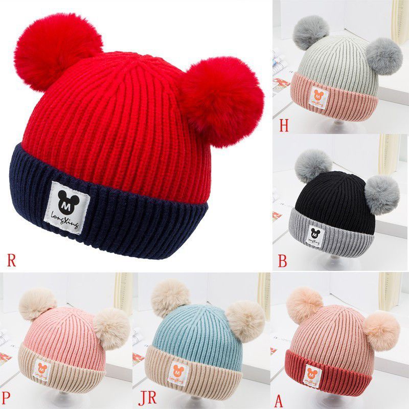 Mũ len lót nỉ kèm khăn ống chữ M gắn 2 quả bông, mũ len cho bé mesocshop