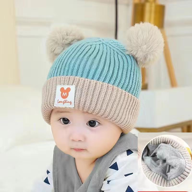 Mũ len lót nỉ kèm khăn ống chữ M gắn 2 quả bông, mũ len cho bé mesocshop