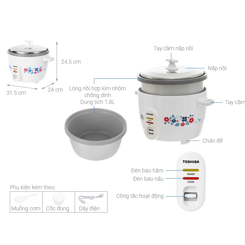 Ảnh Nồi cơm điện Toshiba RC-18MH(F) - 1.8 Lít - Nắp rời - Lòng nồi hợp kim chống dính - Hàng chính hãng 2