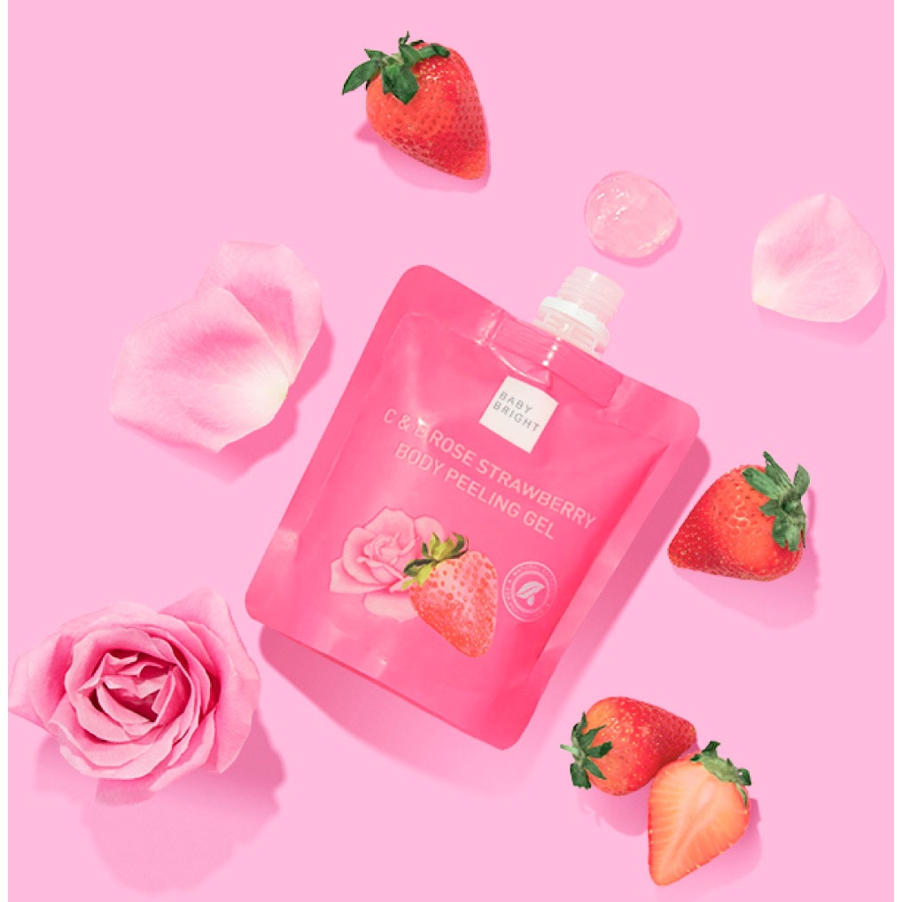 Gel tẩy tế bào chết toàn thân chiết xuất hoa hồng dâu tây giàu vitamin C & E dưỡng sáng da giảm thâm BABY BRIGHT túi 200