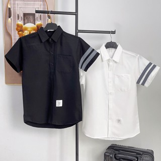 ÁO SƠ MI COTTON TAY NGẮN, KẺ SỌC BÊN TAY, HOT TREND THỜI TRANG NAM 1986