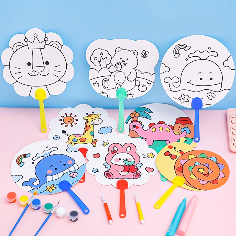 🎨 COMBO 3 QUẠT TAY HOẠT HÌNH TÔ MÀU + MÀU TÔ CHO BÉ 🐰🐻