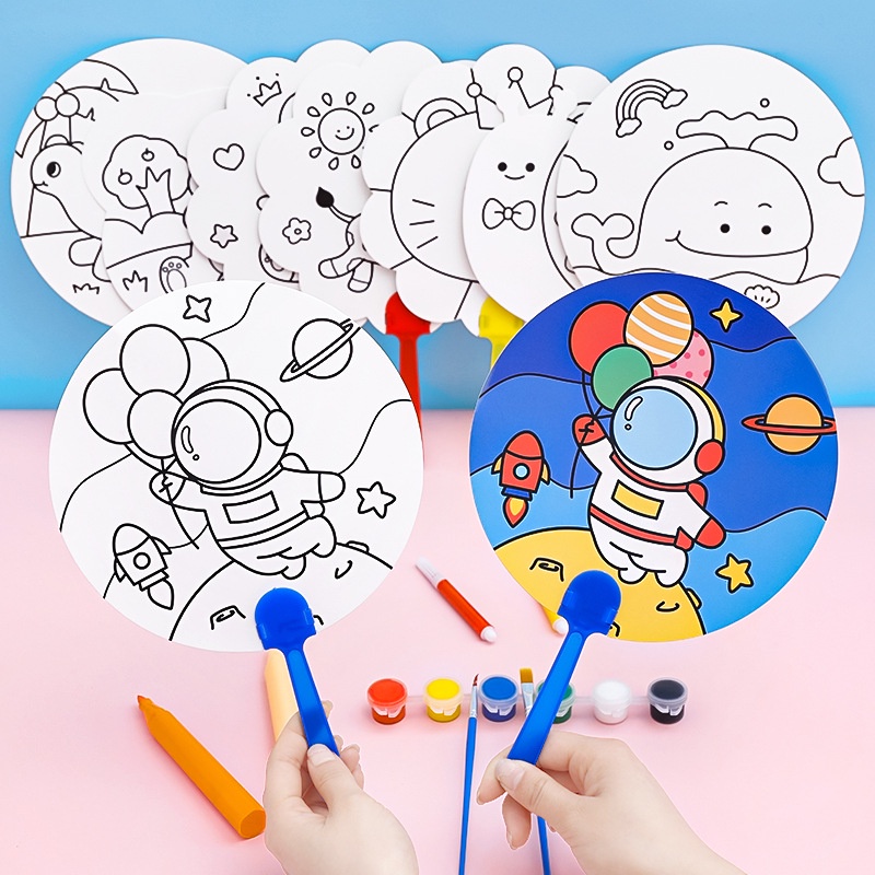 🎨 COMBO 3 QUẠT TAY HOẠT HÌNH TÔ MÀU + MÀU TÔ CHO BÉ 🐰🐻