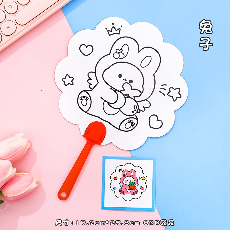 🎨 COMBO 3 QUẠT TAY HOẠT HÌNH TÔ MÀU + MÀU TÔ CHO BÉ 🐰🐻