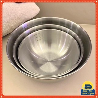 Set 3 thau inox đựng đồ ăn cao cấp - Bát inox trộn đồ có vạch chia nước tiện dụng bền bỉ OKAMAS