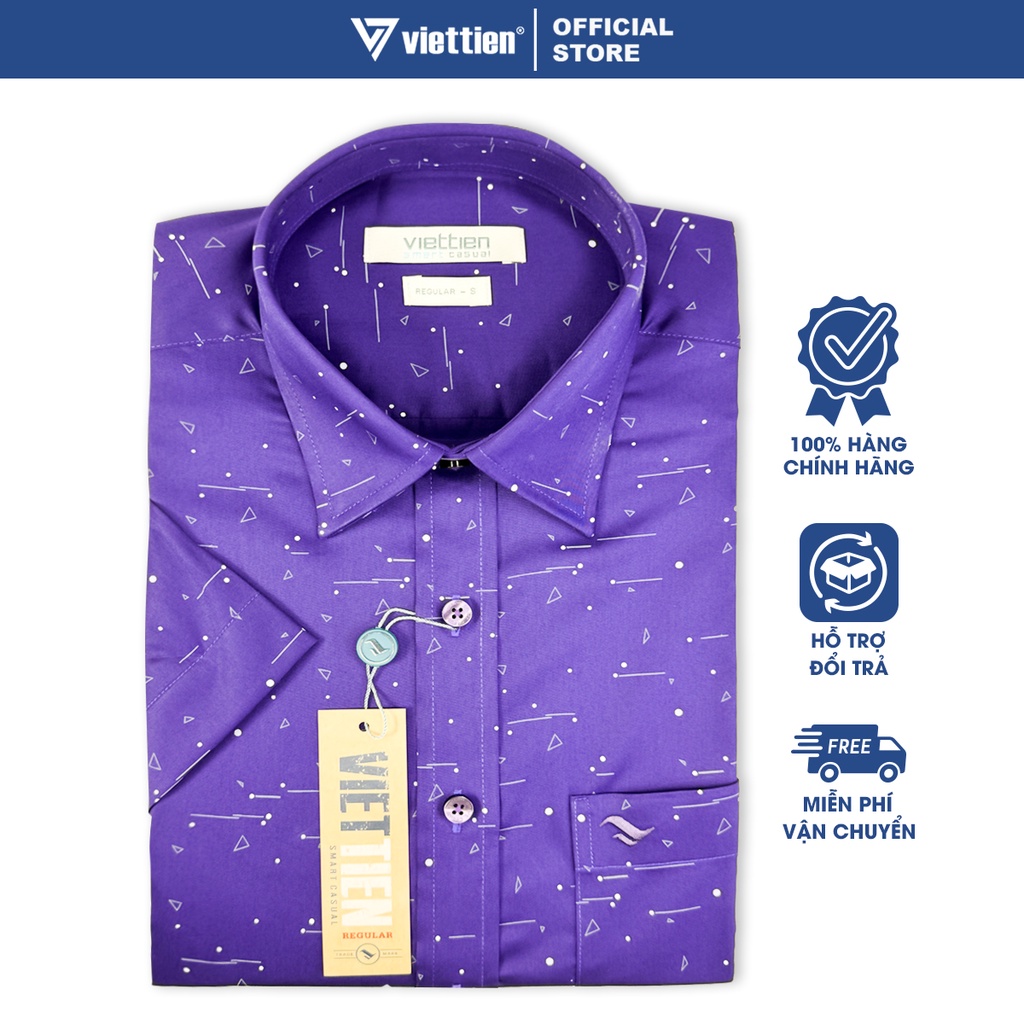 VIỆT TIẾN SALE - Áo Sơ Mi Viettien Smart Casual Tay Ngắn, Màu Hoa Văn Tím, Form Regular, Lai Ngang