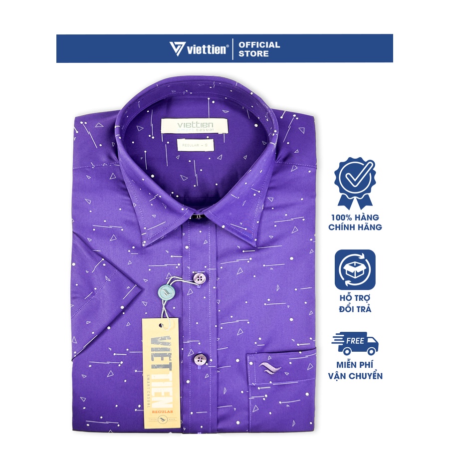 VIỆT TIẾN SALE - Áo Sơ Mi Viettien Smart Casual Tay Ngắn, Màu Hoa Văn Tím, Form Regular, Lai Ngang