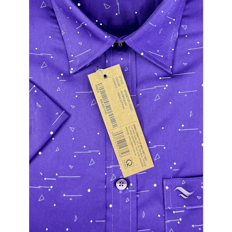 VIỆT TIẾN SALE - Áo Sơ Mi Viettien Smart Casual Tay Ngắn, Màu Hoa Văn Tím, Form Regular, Lai Ngang