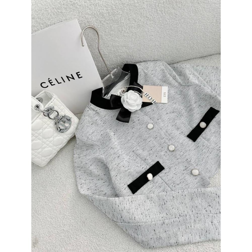 SET ÁO DẠ XÁM VIỀN CỔ ĐEN TAG HOA + CHÂN VÁY VIỀN REN HẠT XẾP LY