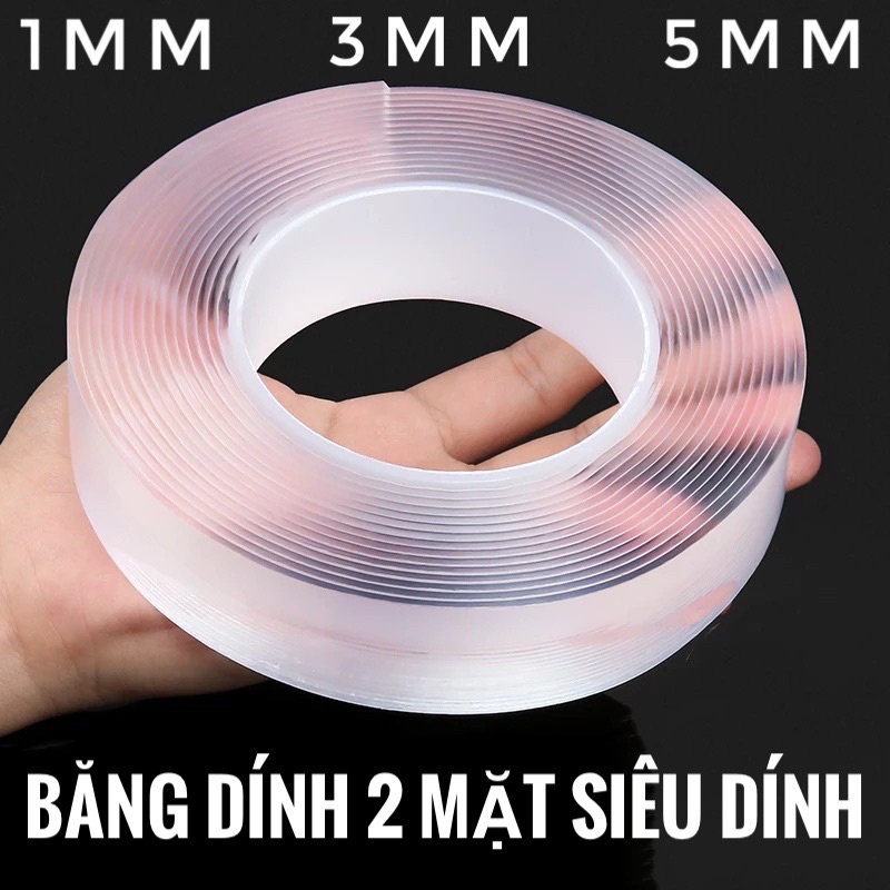 Băng Dính 2 Mặt Nano Trong Suốt Băng Dính 2 Mặt Siêu Dính 3Cm*5M Dán Cố Định Đồ Vật Không Thấm Nước Có Thể Tái Sử Dụng