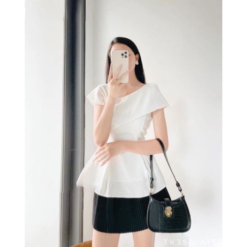 ( Hình thật 100% ) Áo thiết kế peplum lệch vai tôn dáng, chất vải ford gân mềm mịn đứng from bên trong có lót-Pusu