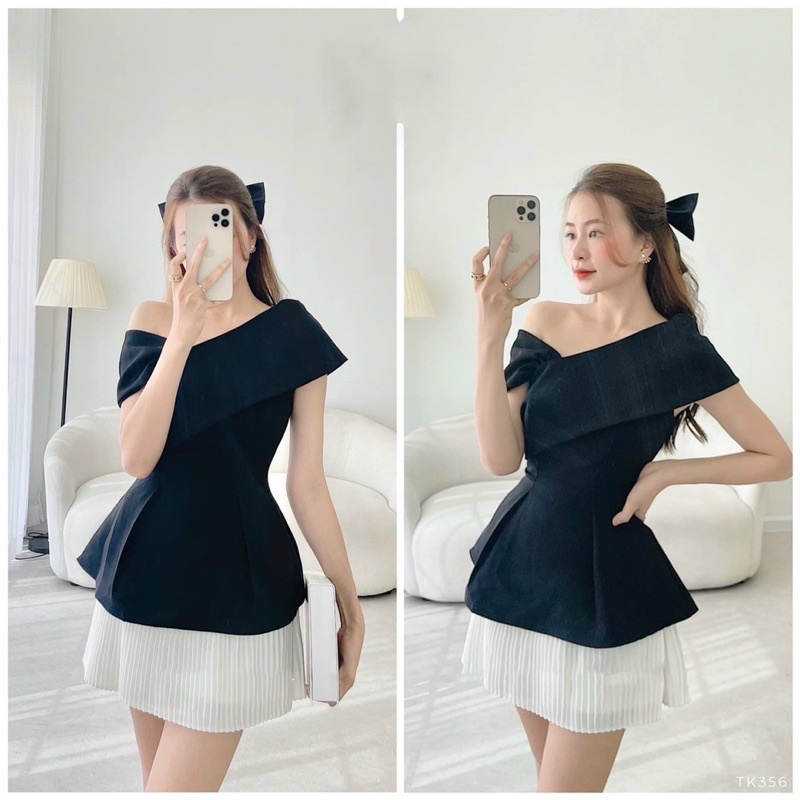 ( Hình thật 100% ) Áo thiết kế peplum lệch vai tôn dáng, chất vải ford gân mềm mịn đứng from bên trong có lót-Pusu