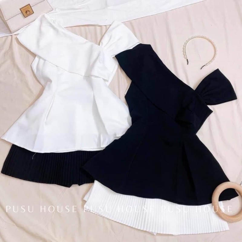 ( Hình thật 100% ) Áo thiết kế peplum lệch vai tôn dáng, chất vải ford gân mềm mịn đứng from bên trong có lót-Pusu