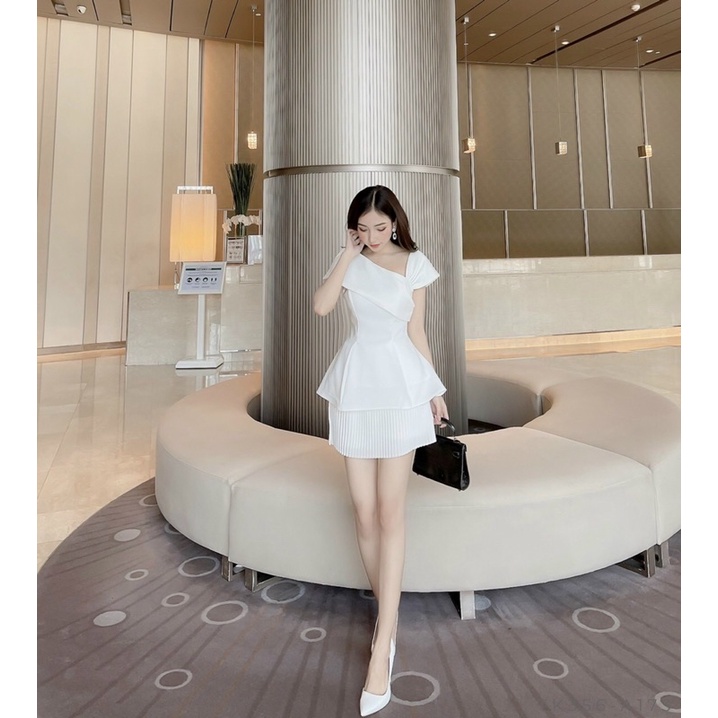 ( Hình thật 100% ) Áo thiết kế peplum lệch vai tôn dáng, chất vải ford gân mềm mịn đứng from bên trong có lót-Pusu