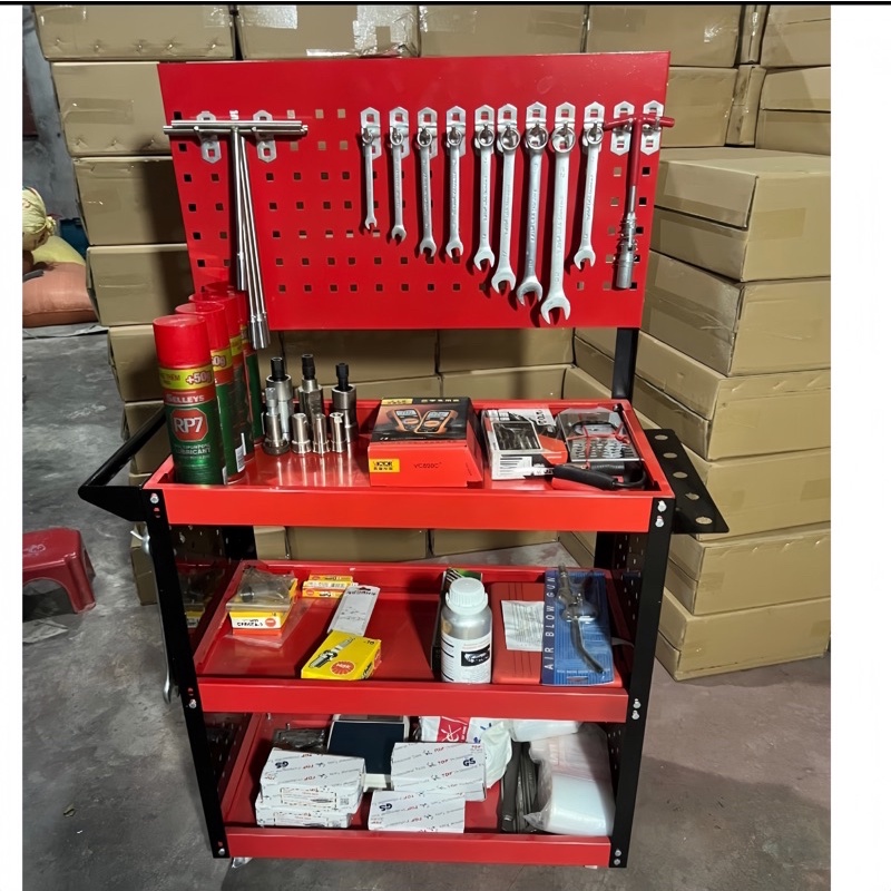 Kệ đựng đồ nghề dụng cụ 3 tầng sơn mạ tĩnh điện có giá treo dụng cụ kèm 20 móc treo